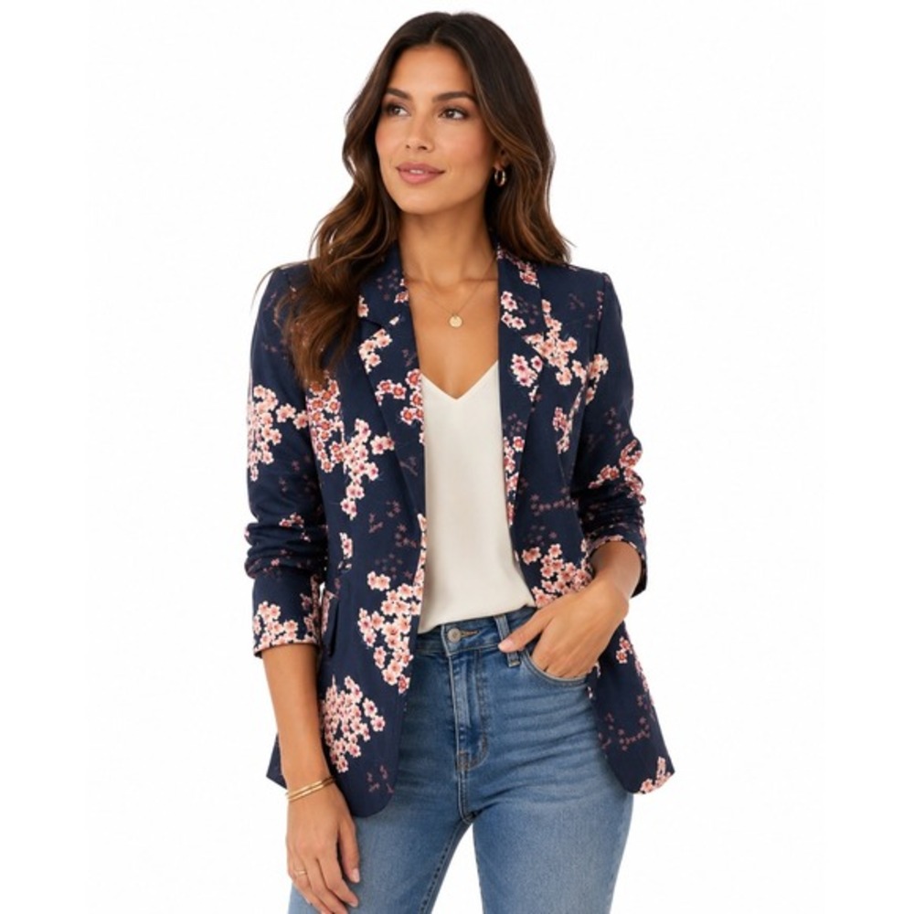 Cynthia Rowley Navy Pink Floral Cherry Blossom Blazer Jacket M‎